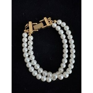 Vintage Napier Double 2 Strand Faux Pearl Bracelet Gold Tone White 7.5 In